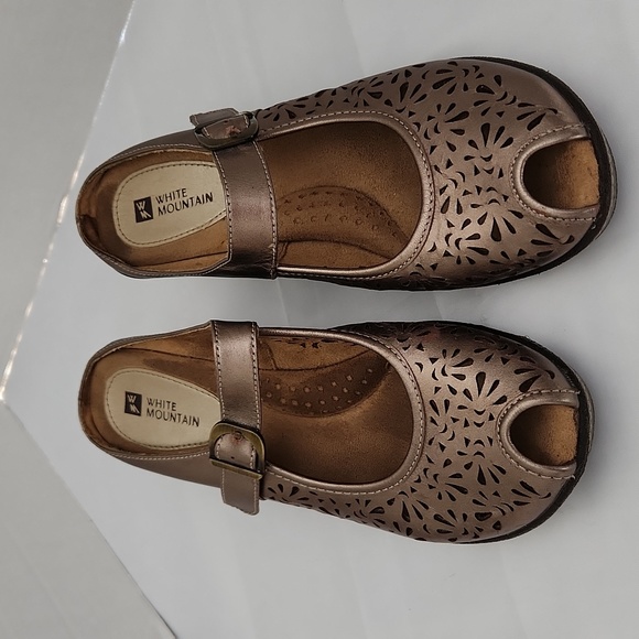 White Mountain Gold Platinum Leather Metallic Peep Toe Mule Shoe Size 9.5 - Picture 4 of 12